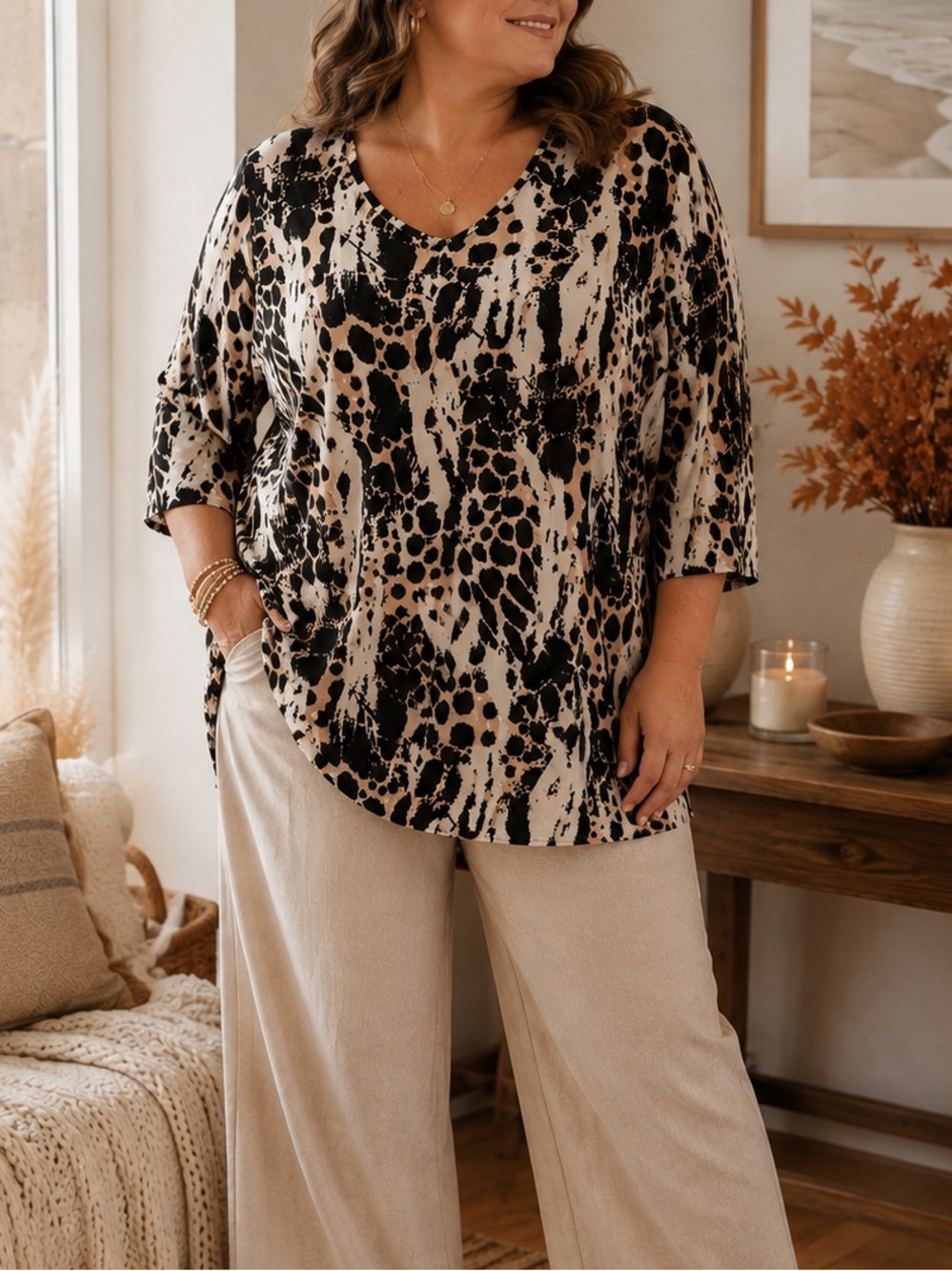 Alia Abstract Animal Print V-Neck 3/4 Sleeve Tunic Top 2XL